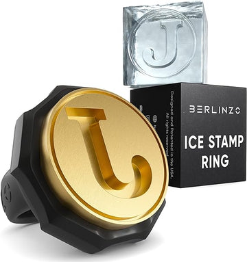 Berlinzo Ice Stamp Ring for Cube & Sphere - Custom Ice Cubes for Whiskey, Mojito Cocktails – J Letter Shaped Brass Ice Stamp j/ 3mm Depth - Black