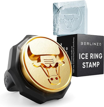 Berlinzo Ice Stamp Ring Bull for Cube & Sphere - Custom Ice Cubes for Whiskey, Mojito Cocktails - Halloween Party Gift - Bull Shaped Brass Ice Stamp w/ 3mm Depth - Black