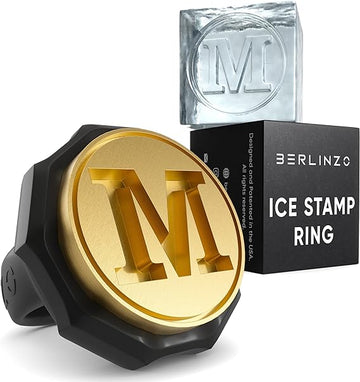 Berlinzo Ice Stamp Ring for Cube & Sphere - Custom Ice Cubes for Whiskey, Mojito Cocktails – M Letter Shaped Brass Ice Stamp m/ 3mm Depth - Black