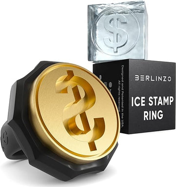Berlinzo Ice Stamp Ring for Cube & Sphere - Custom Ice Cubes for Whiskey, Mojito Cocktails – $ shaped Brass Ice Stamp $/ 3mm Depth - Black