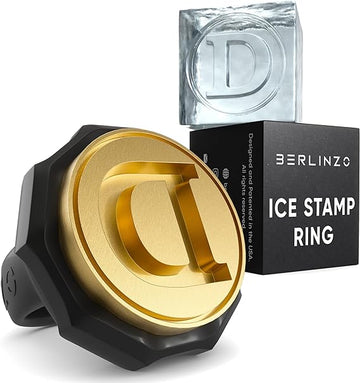 Berlinzo Ice Stamp Ring for Cube & Sphere - Custom Ice Cubes for Whiskey, Mojito Cocktails – D Letter Shaped Brass Ice Stamp d/ 3mm Depth - Black
